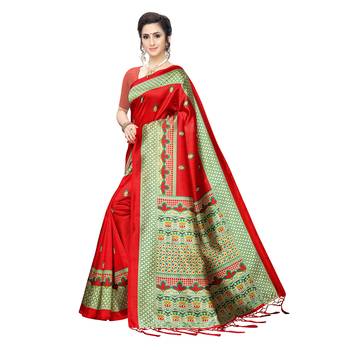Red printed khadi saree with blouse 2