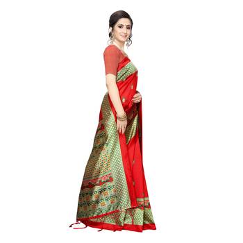 Red printed khadi saree with blouse 3