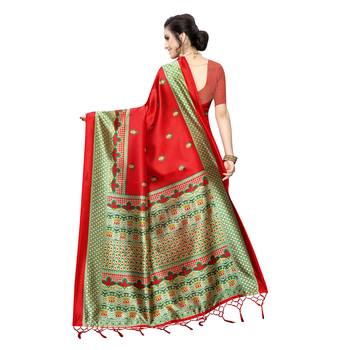 Red printed khadi saree with blouse 4