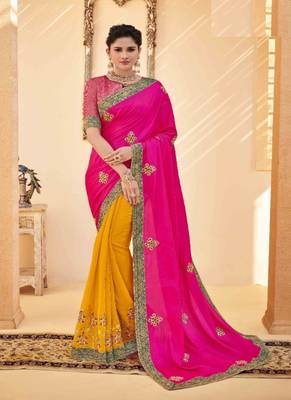 Rani Pink Embroidered Silk Saree With Blouse 1