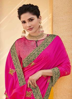 Rani Pink Embroidered Silk Saree With Blouse 2