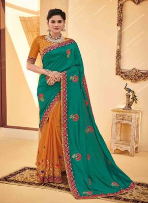 Teal Embroidered Silk Saree With Blouse 1