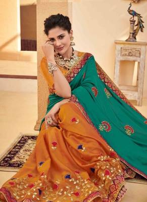 Teal Embroidered Silk Saree With Blouse 2