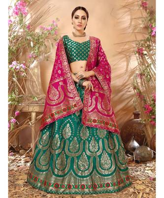 Green Jacquard Banarasi Silk A-line Lehenga With Blouse 1