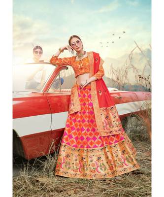 Orange Jacquard Banarasi Silk A-line Lehenga With Blouse 1