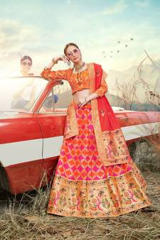 Orange Jacquard Banarasi Silk A-line Lehenga With Blouse