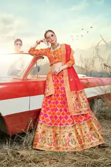 Orange Jacquard Banarasi Silk A-line Lehenga With Blouse