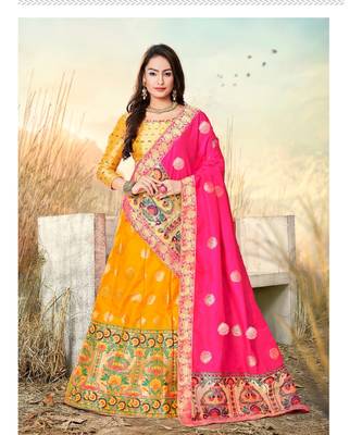 Yellow Jacquard Banarasi Silk A-line Lehenga With Blouse 1