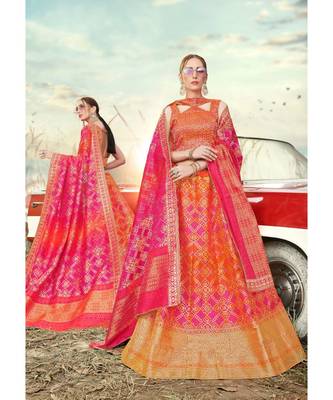Orange Jacquard Banarasi Silk A-line Lehenga With Blouse 1
