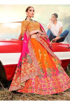 Orange Jacquard Banarasi Silk A-line Lehenga With Blouse
