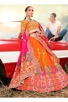 Orange Jacquard Banarasi Silk A-line Lehenga With Blouse