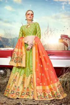 Perrot Green Jacquard Banarasi Silk A-line Lehenga With Blouse