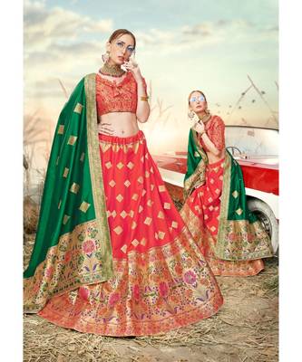 Peach Jacquard Banarasi Silk A-line Lehenga With Blouse 1
