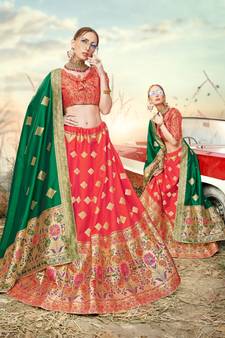 Peach Jacquard Banarasi Silk A-line Lehenga With Blouse