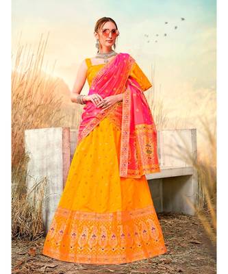 Yellow Jacquard Banarasi Silk A-line Lehenga With Blouse 1