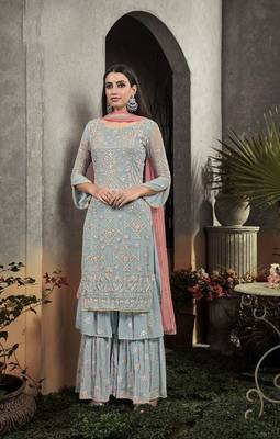 Sky-blue embroidered faux georgette salwar 1