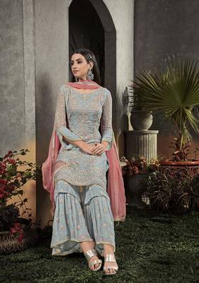 Sky-blue embroidered faux georgette salwar 2