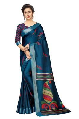 Navy Blue Woven Linen Saree With Blouse 1
