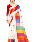 White Woven Linen Saree With Blouse