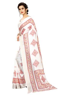 White Woven Linen Saree With Blouse 2