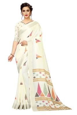 White Woven Linen Saree With Blouse 1