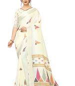 White Woven Linen Saree With Blouse