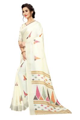White Woven Linen Saree With Blouse 2