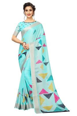 Sky Blue Woven Linen Saree With Blouse 1