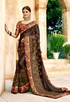 Brown embroidered lycra saree with blouse 1