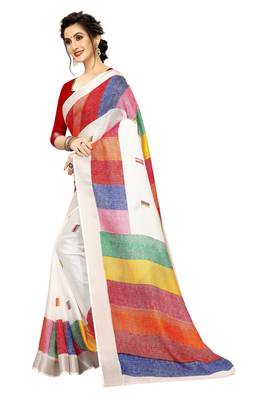 White Woven Linen Saree With Blouse 5