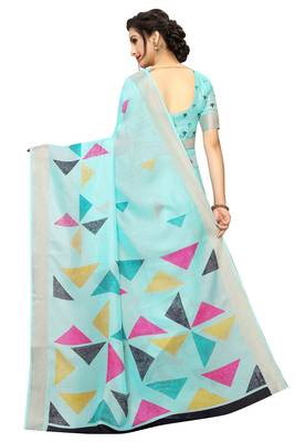 Sky Blue Woven Linen Saree With Blouse 4
