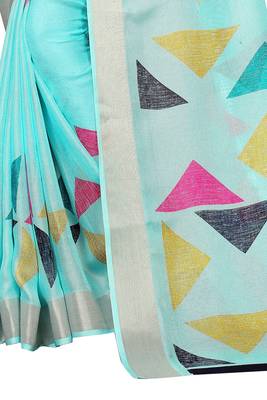 Sky Blue Woven Linen Saree With Blouse 5