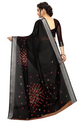Black Woven Linen Saree With Blouse 5