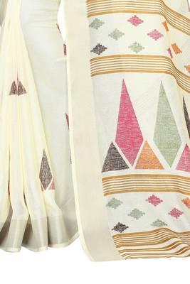 White Woven Linen Saree With Blouse 4