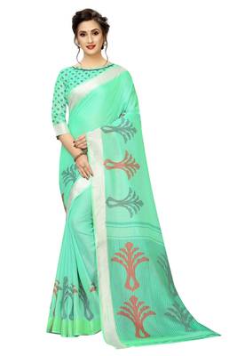 Green Woven Linen Saree With Blouse 1