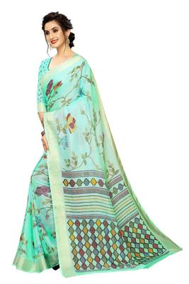 Sky Blue Woven Linen Saree With Blouse 3