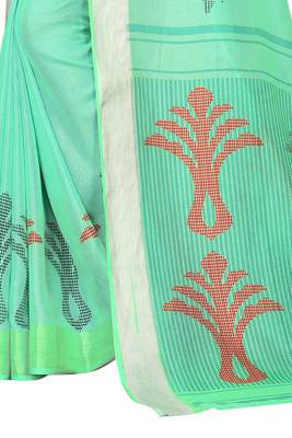 Green Woven Linen Saree With Blouse 5