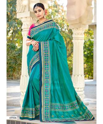 Turquoise Embroidered Cotton Silk Saree With Blouse 1