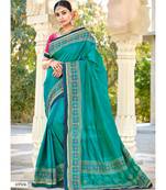 Turquoise Embroidered Cotton Silk Saree With Blouse