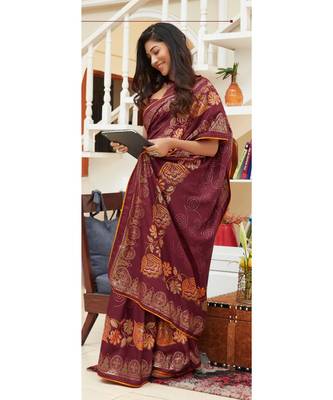 Maroon Printed Cotton Silk Saree With Blouse 1