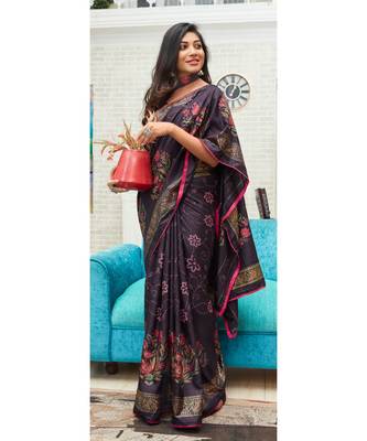 Blue Printed Cotton Silk Saree With Blouse 1