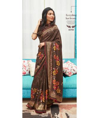 Brown Printed Cotton Silk Saree With Blouse 1