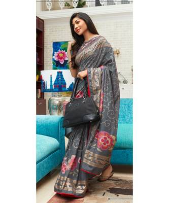 Grey Printed Cotton Silk Saree With Blouse 1