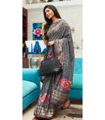 Grey Printed Cotton Silk Saree With Blouse