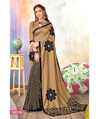 Brown Printed Cotton Silk Saree With Blouse 1