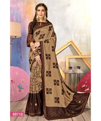 Brown Printed Cotton Silk Saree With Blouse 1