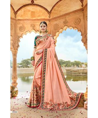 Peach Embroidered Cotton Saree With Blouse 1
