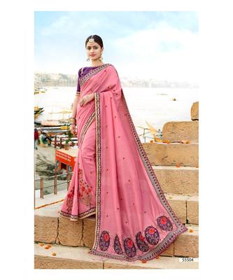 Pink Embroidered Cotton Saree With Blouse 1