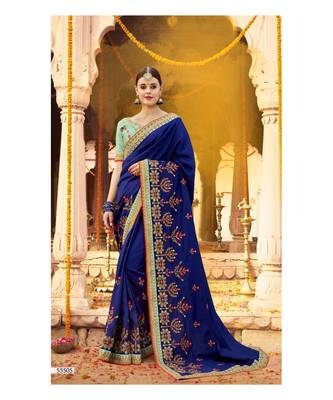 Blue Embroidered Cotton Saree With Blouse 1