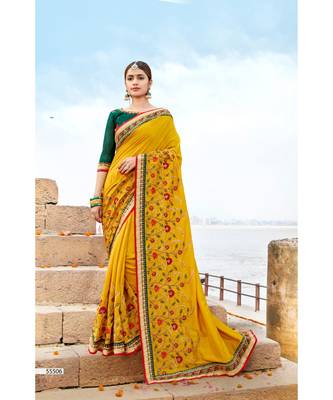 Yellow Embroidered Cotton Saree With Blouse 1